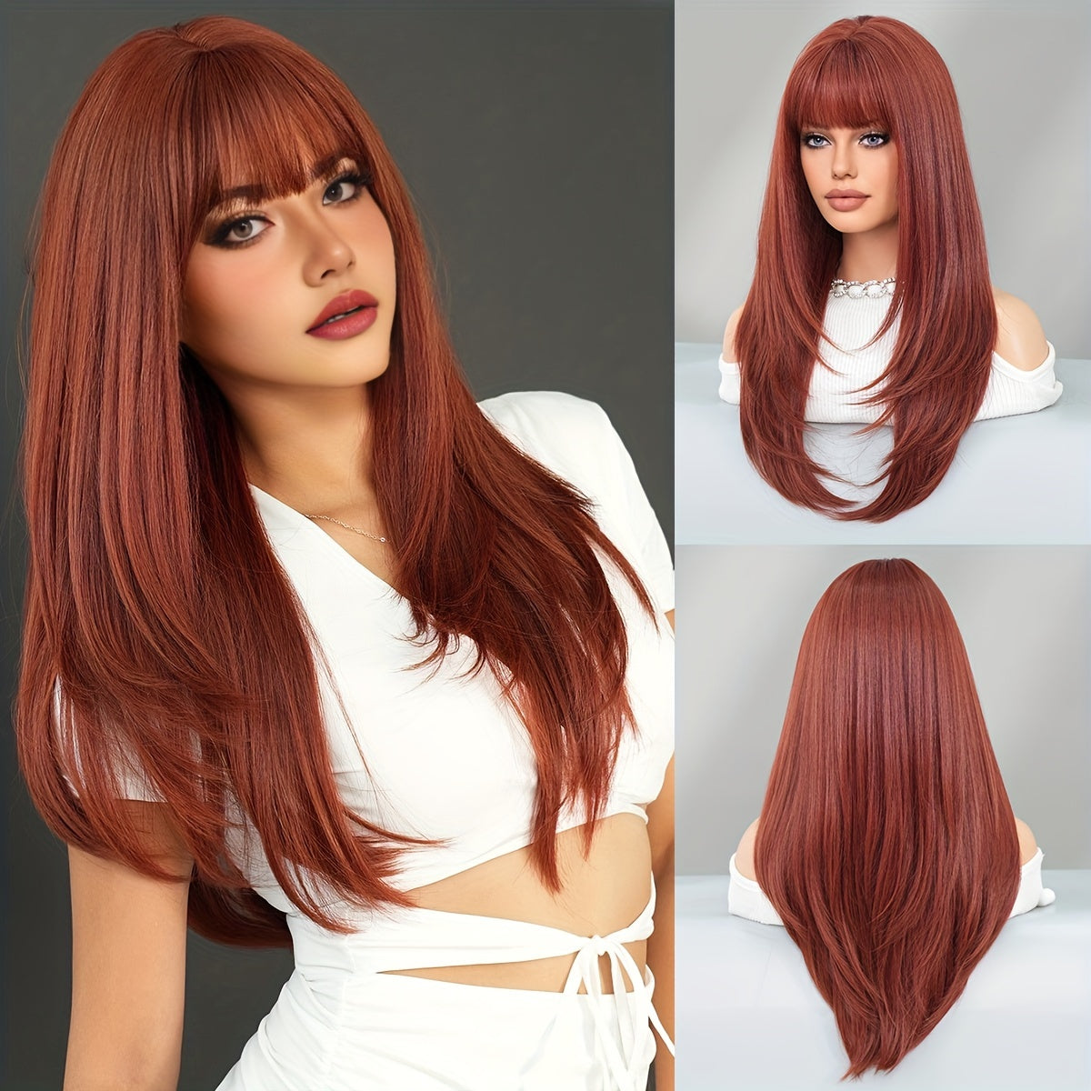 High-Density Copper Long Straight Layered Wig with Bangs - Heat Resistant Synthetic Hair for Halloween & Cosplay, 24.36 Inches