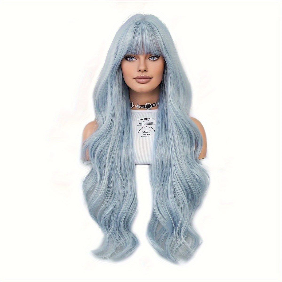 Heat Resistant Synthetic Wavy Light Blue Wig 31.5inch, Viscose Movie Themed Cosplay Party Hairpiece with Bangs, High Density Rose Net Cap Halloween Costume Accessory