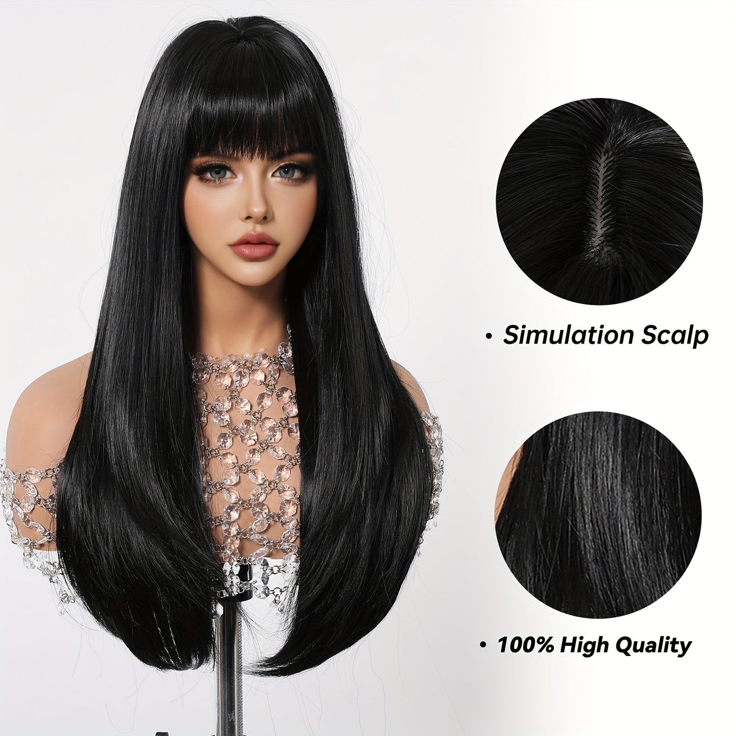 Women's 28 Inch Long Straight Hair Wig with Bangs, Synthetic High Temperature Fiber, Rose Net Cap, 150% Density, Basic Style, Suitable for All - Perfect for Daily Wear, Parties, Halloween, Christmas, Music Festivals