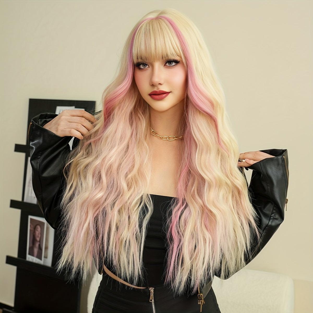 Wavy Ombre Pink to Blonde Synthetic Wig, Heat Resistant Viscose Fiber, Movie Themed Rose Net Cap, High Density Costume Party Hairpiece 27.56inch