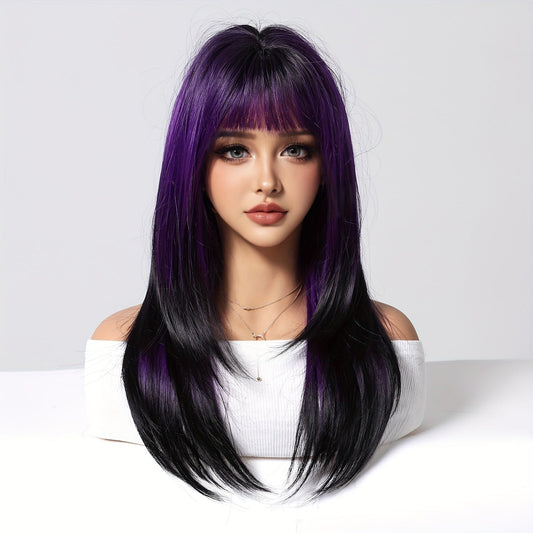 Women's Basic Long Straight Layered Wig with Bangs, High Temperature Fiber, 150% Density Rose Net Cap, Heat Resistant Synthetic Hair, Fashionable for Daily Use, Work, Parties, Halloween, Cosplay - 22 Inch Black to Purple Gradient