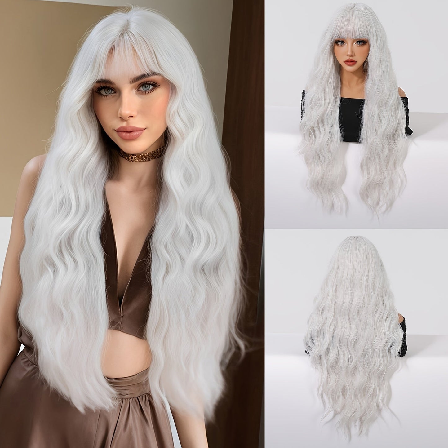 Chic 30-Inch White Curly Wig with Bangs for Women - Soft, Heat Resistant Synthetic Hair for Daily Wear, Work, Parties & Festivals