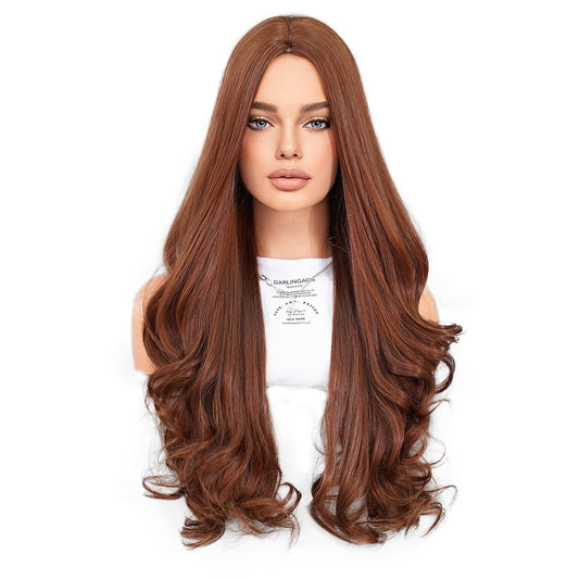 Women'S Body Wave Synthetic Bronzed Wig, High Density 150% Vacation Style, High Temperature Fiber, Rose Net Cap, with Durable Heat Resistance, for 27.56inch