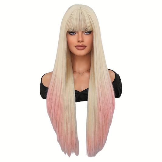 High-Density Synthetic Wig - Long Straight Beige Ombre Pink with Bangs for Women, Heat Resistant, Perfect for Halloween & Cosplay Parties