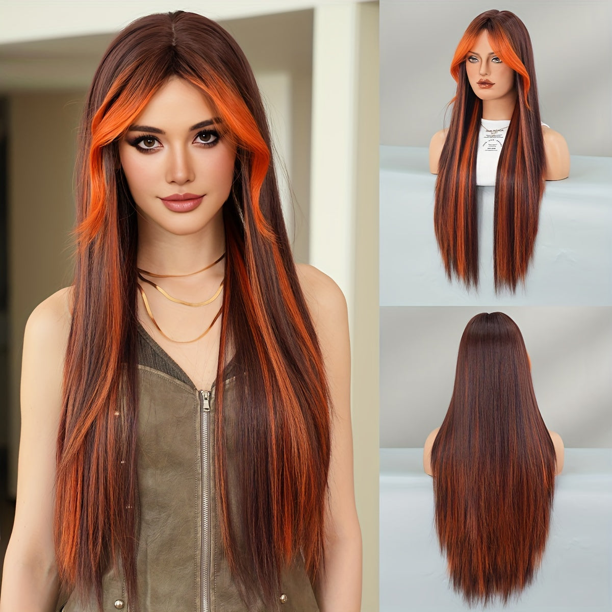 High-Density Synthetic Wig for Women - Long Straight with Golden Highlights & Orange Accents, Heat Resistant, Perfect for Halloween Cosplay & Daily Wear