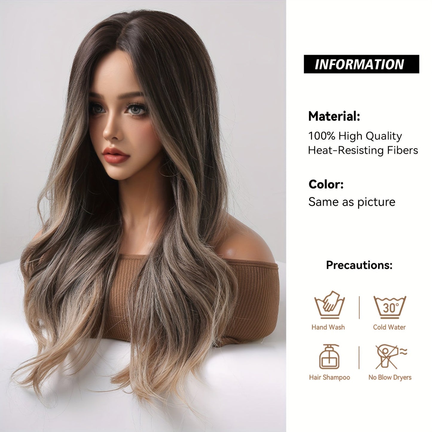 Long Brown Wavy Wig For Women, Natural Look Ombre Curly Wigs Heat Resistant Synthetic Wig Middle Part Hair Wig For Daily Party