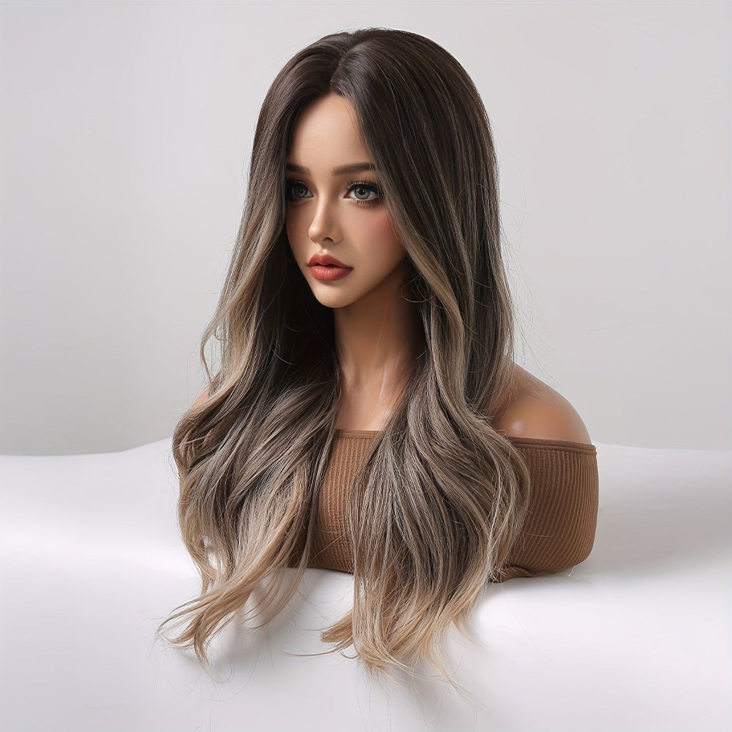 Long Brown Wavy Wig For Women, Natural Look Ombre Curly Wigs Heat Resistant Synthetic Wig Middle Part Hair Wig For Daily Party