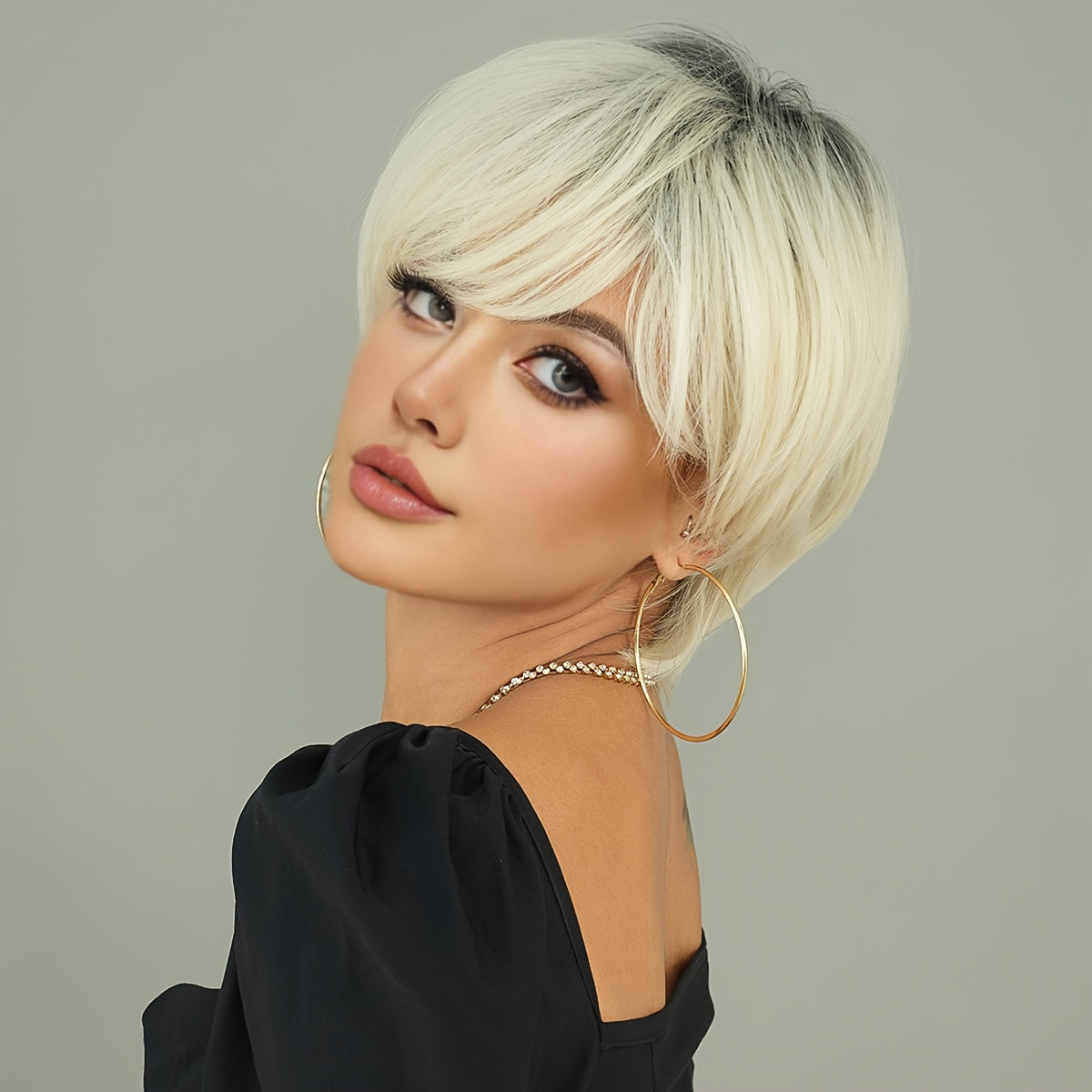 Elegant Ombre Black to Light Blonde Pixie Cut Wig with Bangs for Women - High Density Synthetic, Heat Resistant, 10.23" Short Straight Style