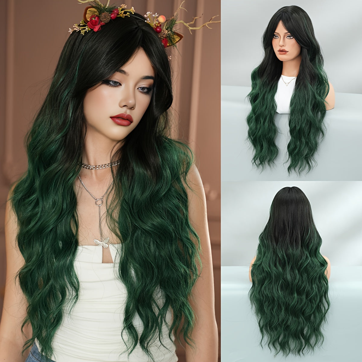 High-Density Synthetic Wig - Green Ombre with Black Roots, Body Wave Style for Women | Heat Resistant, Perfect for Halloween & Christmas Parties