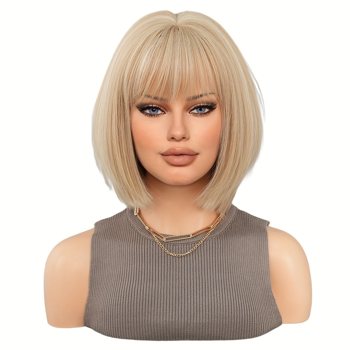 Elegant Champagne Blonde Highlight Short Straight Wig with Bangs - Heat Resistant Synthetic Hair for Women, Perfect for Daily Wear & Halloween Parties