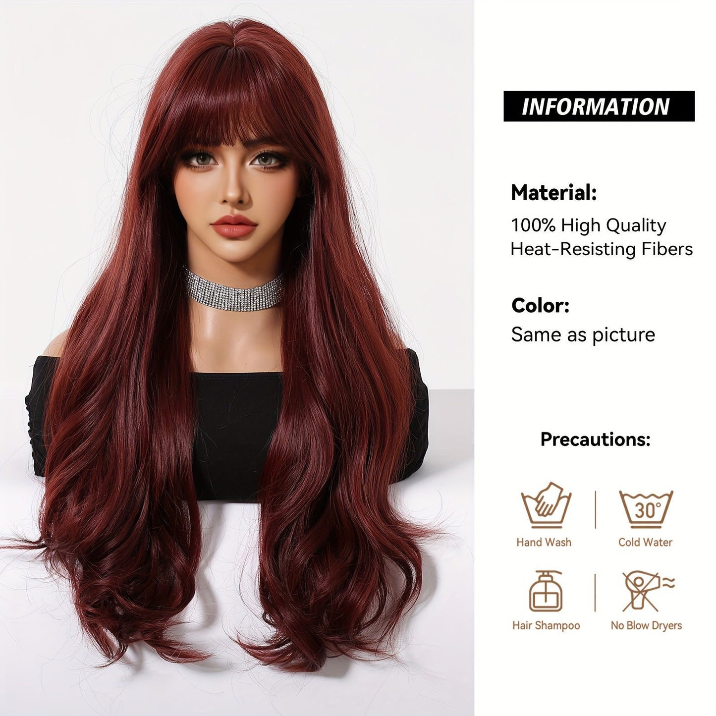 26 Inch Burgundy Long Wig with Bangs, Soft Synthetic Fiber, Elegant Style, Women's Full Top Wig, Heat-Resistant, for Daily Use, Gatherings, Cosplay, Halloween, Christmas, Music Festivals, All Ethnicities