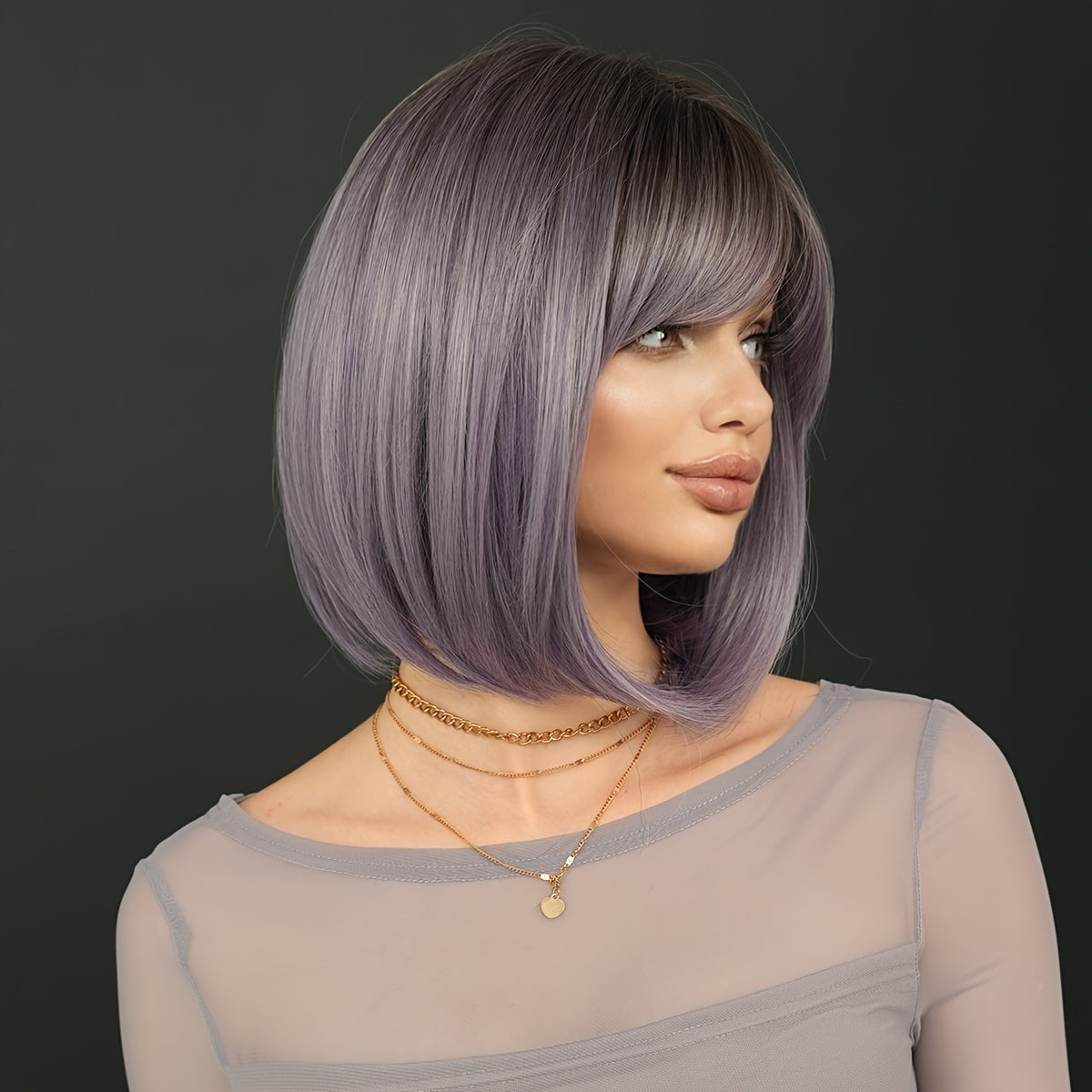 Chic Purple Bob Wig for Women - High-Density Synthetic, Heat Resistant, Side Parted Short Straight Style with Bangs - Perfect for Daily Wear & Parties