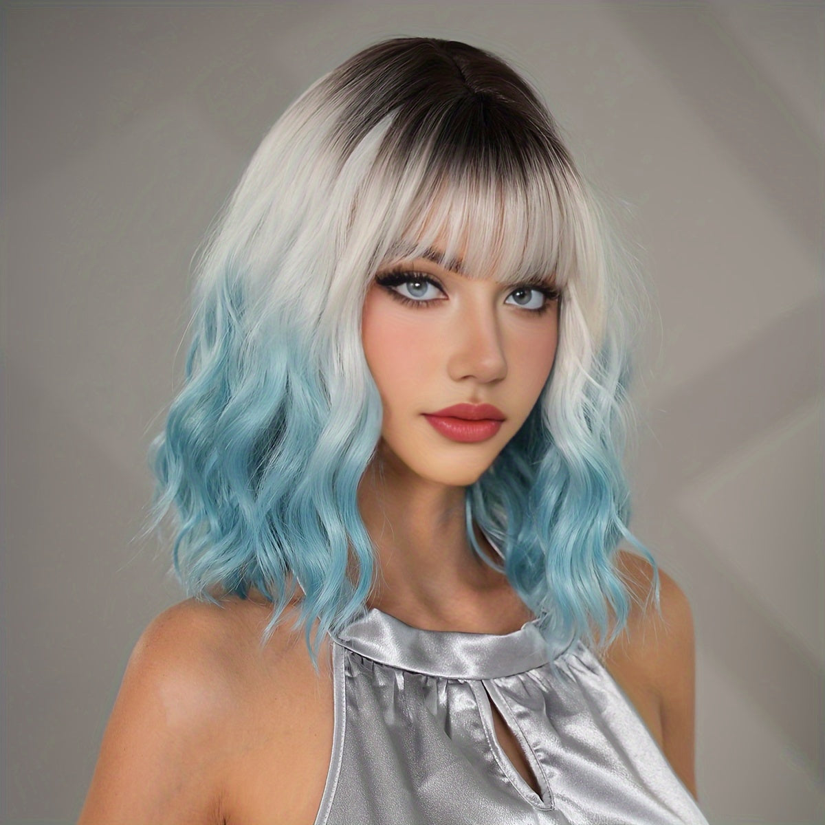 Vibrant Ombre Blue & White Shoulder-Length Wavy Wig with Bangs - High-Density Heat Resistant Synthetic Hair, Natural Looking Dark Roots, Perfect for Daily Wear, Halloween Parties, and Cosplay Events