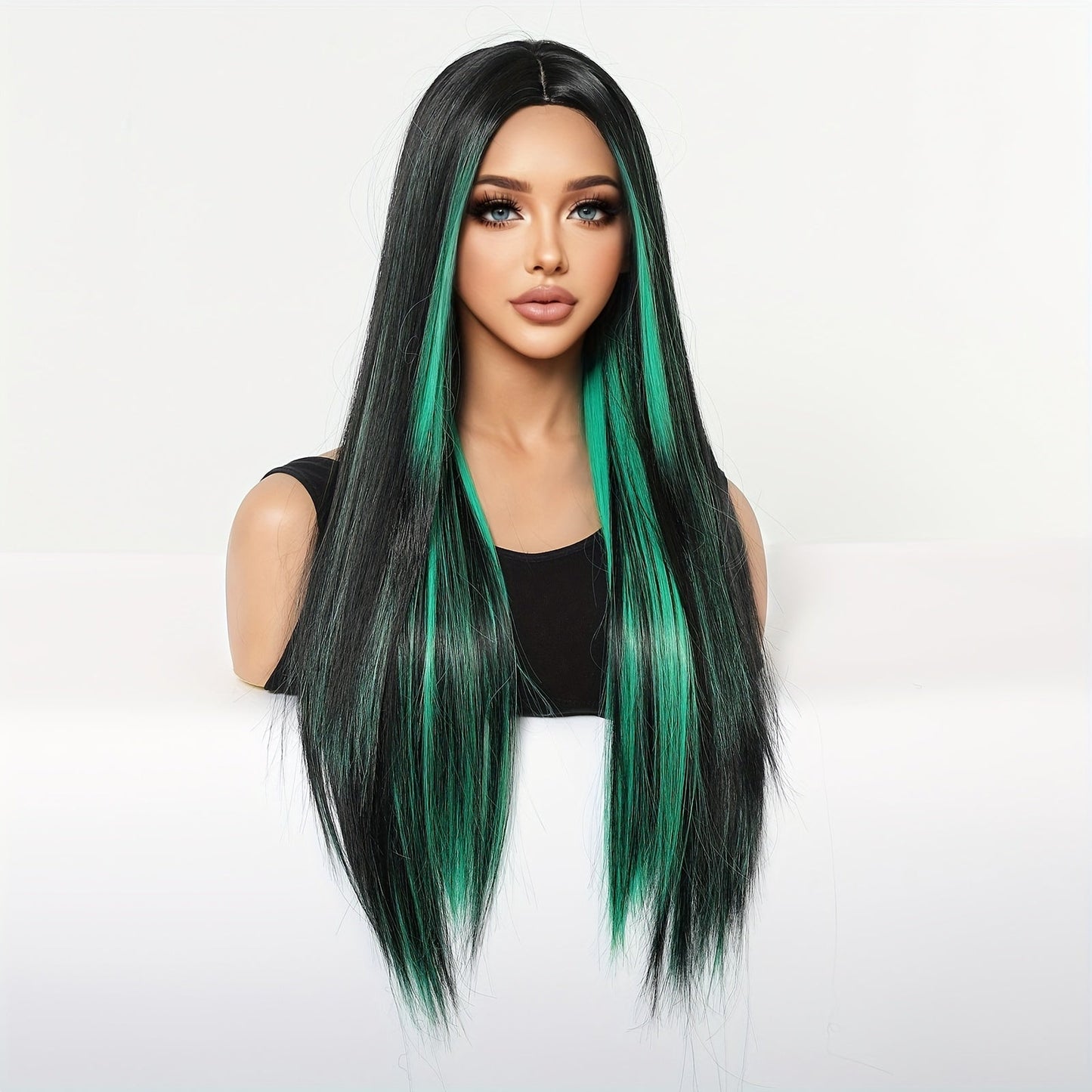 Women's 26 inch Long Straight Party Wig with Black Mixed Green Highlights, High Temperature Fiber, 150% Density, Rose Net Cap, Heat Resistant Synthetic Hair for Daily Use and Festive Occasions