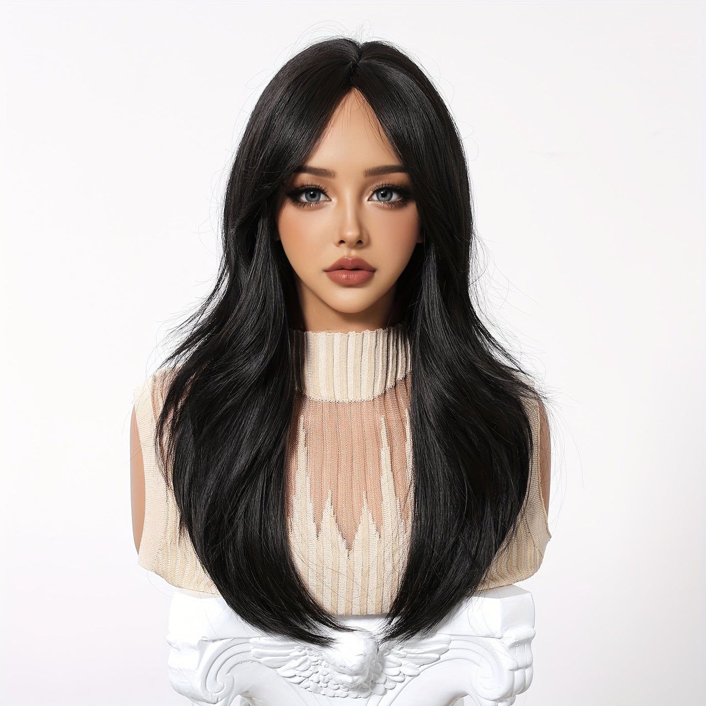 Women'S 20 Inch Black Layered Wig with Bangs, High Temperature Fiber, Straight Hair, Rose Net Cap, 150% Density, Fashionable Synthetic Wig for Daily Wear, Halloween, Christmas, Music Festivals, Cosplay