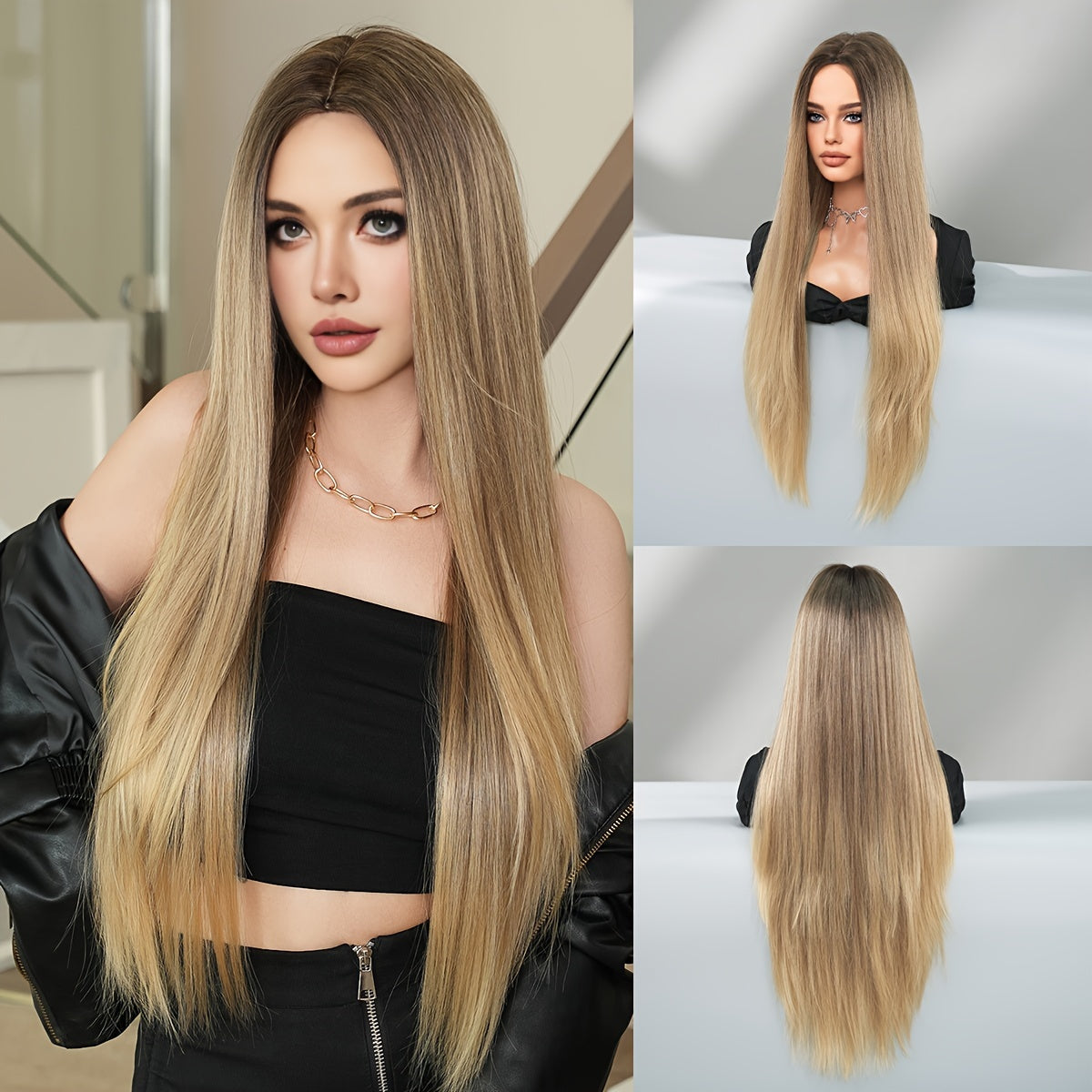 High Temperature Fiber Wigs for Women, 150% Density Long Straight Business Style Wig with Middle Part, Champagne Golden Synthetic Hair, Heat Resistant Rose Net Cap, Universal Fit - 33.46inch