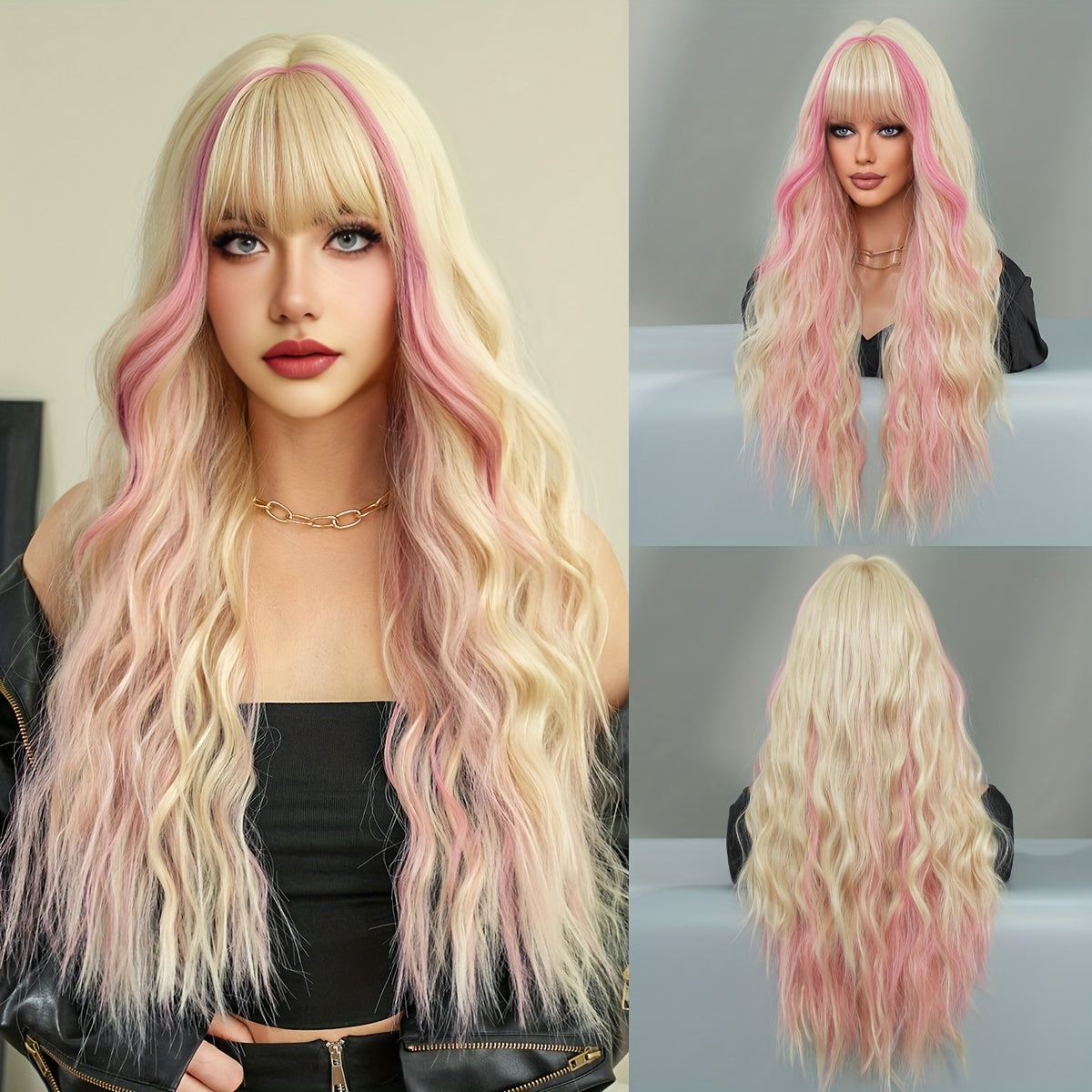 Wavy Ombre Pink to Blonde Synthetic Wig, Heat Resistant Viscose Fiber, Movie Themed Rose Net Cap, High Density Costume Party Hairpiece 27.56inch