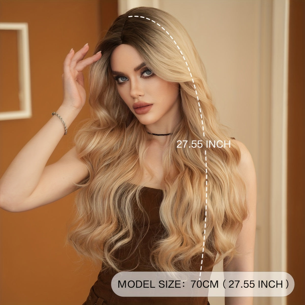 Women'S Body Wave Synthetic Wig, 27.55" High Density Middle Part with Curtain Bangs, Heat Resistant, Vacation Style, Rose Net Cap, 150% Density, Dark Roots, Long Loose Wavy Wig