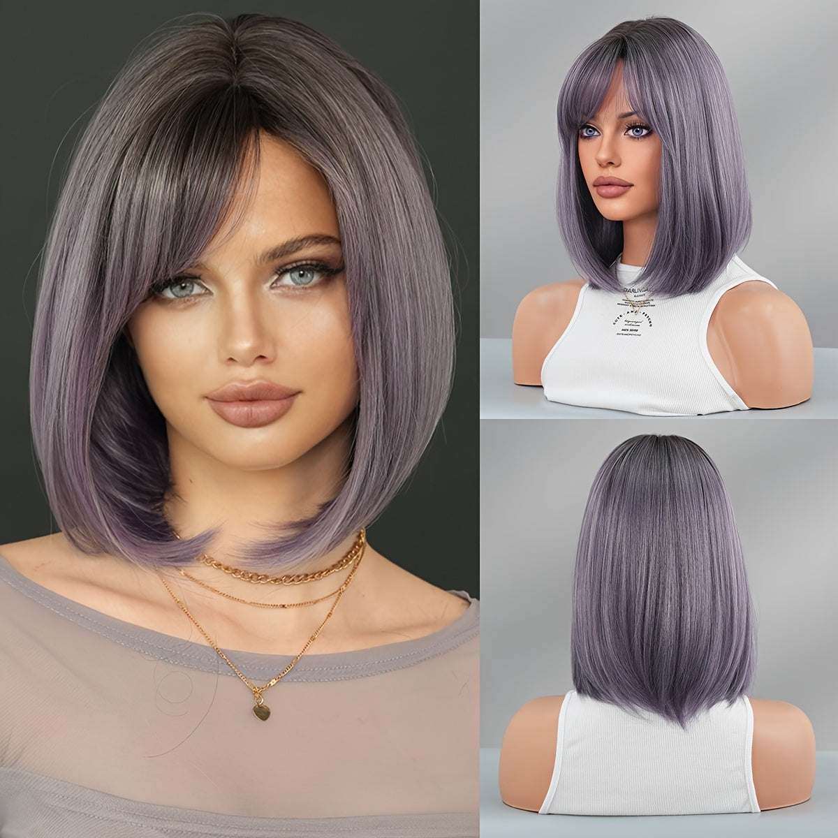 Chic Purple Bob Wig for Women - High-Density Synthetic, Heat Resistant, Side Parted Short Straight Style with Bangs - Perfect for Daily Wear & Parties