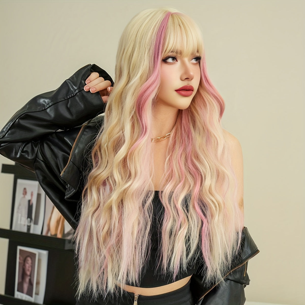 Wavy Ombre Pink to Blonde Synthetic Wig, Heat Resistant Viscose Fiber, Movie Themed Rose Net Cap, High Density Costume Party Hairpiece 27.56inch