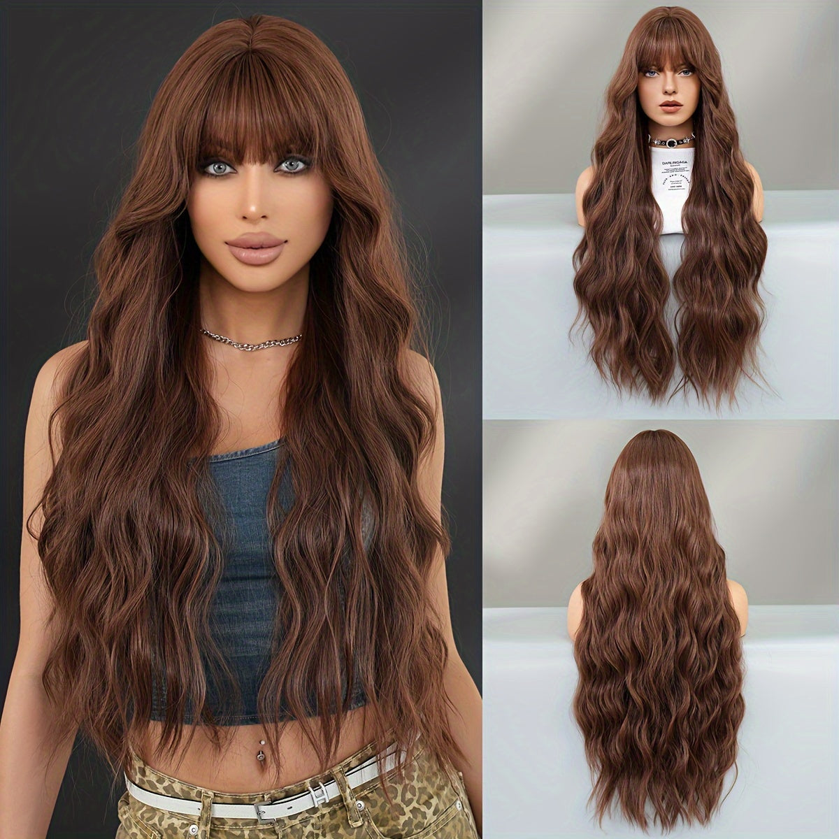 Extra-Long Water Wave Blonde & Brown Highlight Synthetic Wig with Bangs - Heat Resistant, Perfect for Halloween Cosplay & Lolita Dress-Up, for Halloween