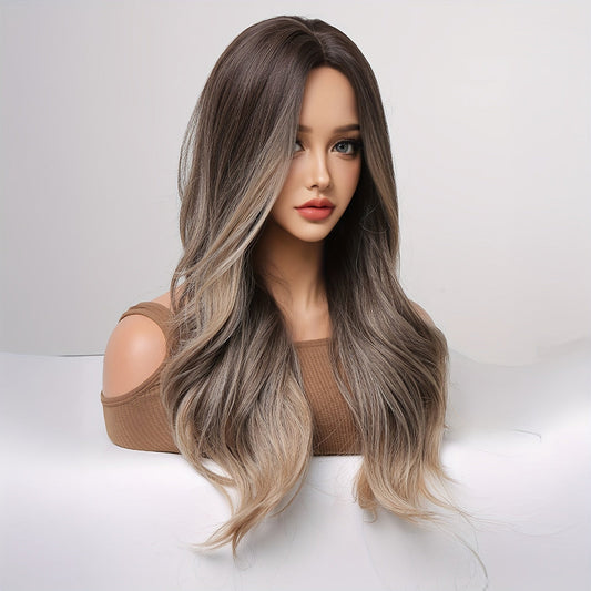 Long Brown Wavy Wig For Women, Natural Look Ombre Curly Wigs Heat Resistant Synthetic Wig Middle Part Hair Wig For Daily Party