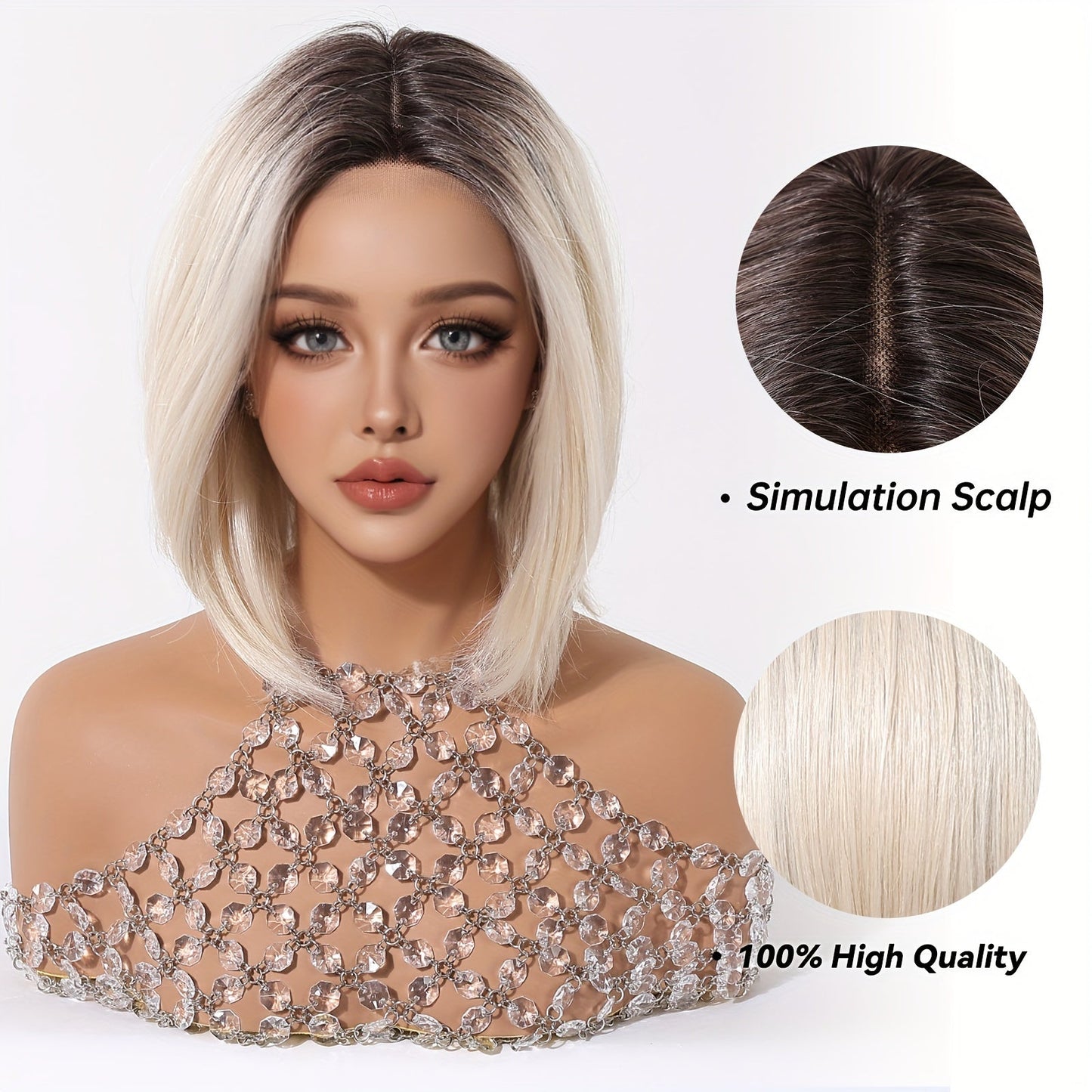 Chic 12" White Golden Ombre Bob Wig - Soft Synthetic, Lace Front (13x5x1), Perfect for Daily Wear & Special Occasions