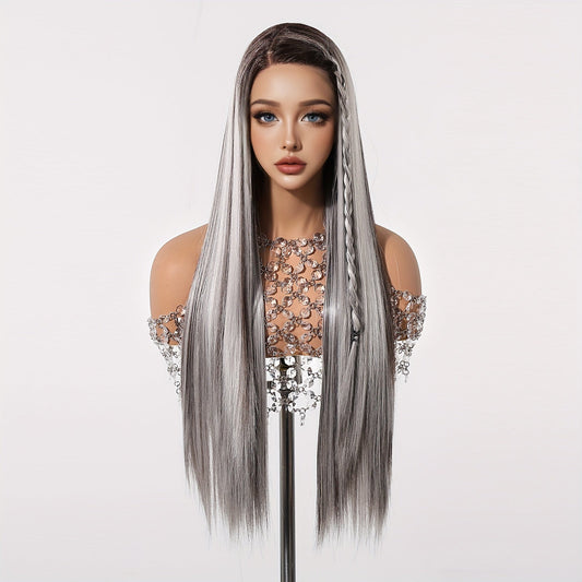 Chic 28" White & Grey Ombre Lace Front Wig - Soft Synthetic, Straight Hair for Women | Perfect for Daily Wear, Work, Parties, Halloween, Christmas & Cosplay