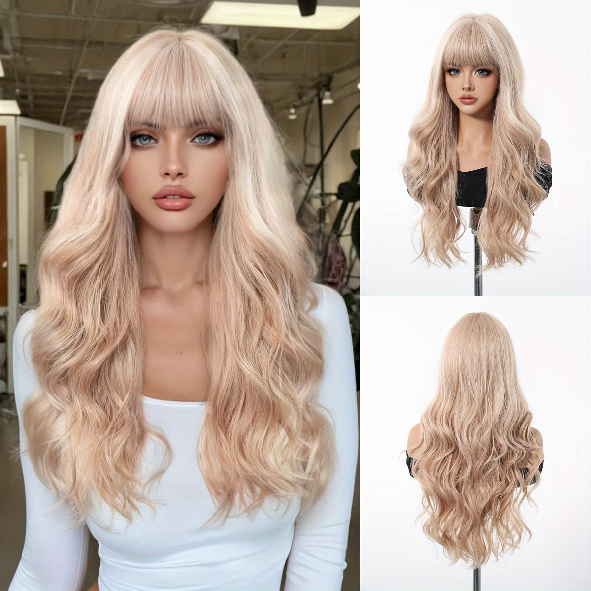 24 Inch Long Curly Wave Wig with Bangs for Women, Fashionable Soft Synthetic Hair, High Temp Fiber, Rose Net Cap, 150% Density, Ideal for Daily Wear, Halloween, Cosplay, and Music Festivals