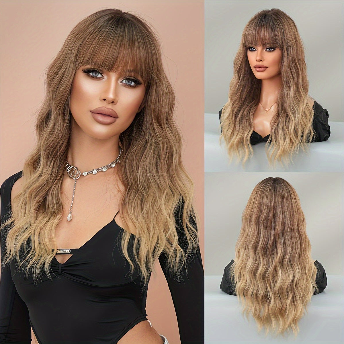 Chic Ombre Brown to Blonde Wig with Bangs for Women - High-Density Synthetic Body Wave, Heat Resistant, Perfect for Daily Wear & Parties