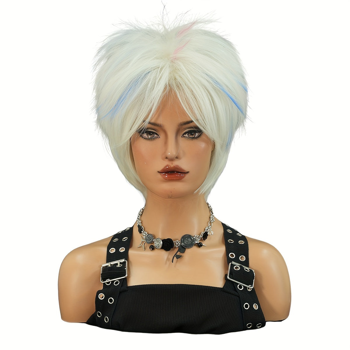 Women'S Silvery White Bob Wig, High Density 150% Straight Synthetic Hair, Heat Resistant, Middle Part Pixie Cut, Vacation Style, Rose Net Cap, 12.2Inches