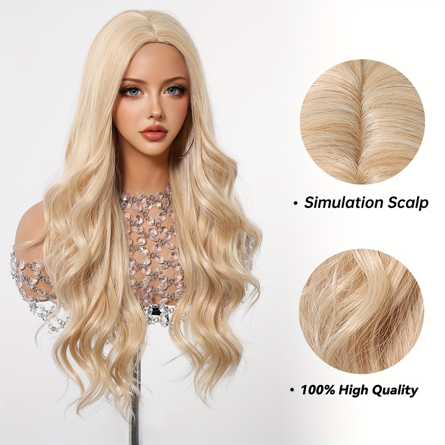 Elegant Curly Wave Wig for Women, 30 Inch Champagne Golden Synthetic Hair, High Temperature Fiber, Rose Net Cap, 150% Density, Versatile for Daily Wear, Parties, Cosplay, Halloween, Christmas - Suitable for All