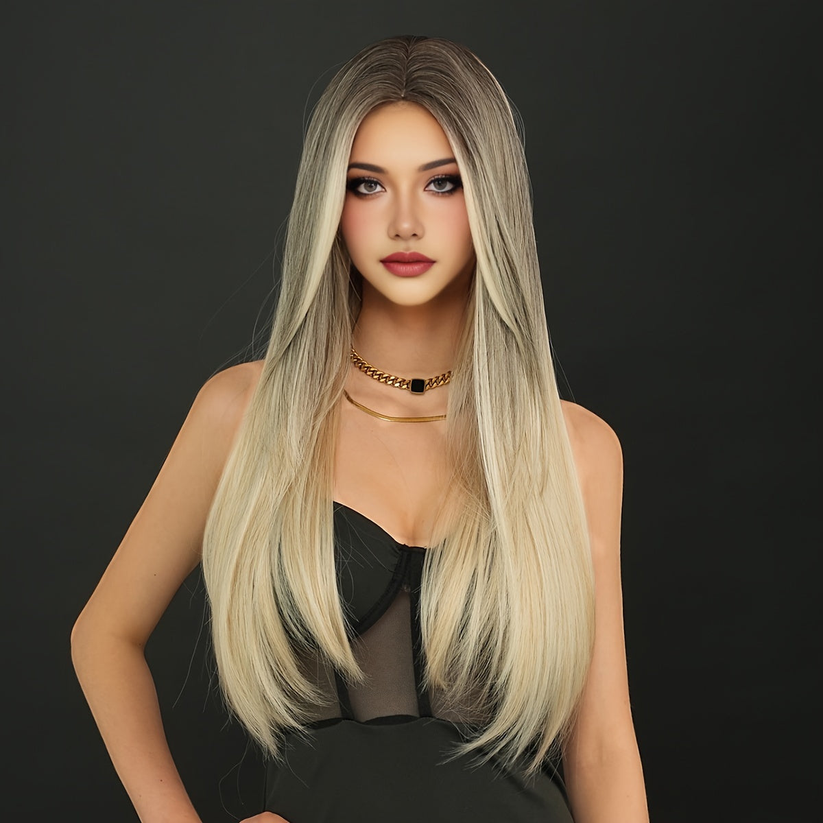 Heat Resistant Viscose Wig - Movie Theme Straight Hair, High-Density Grey to Golden Ombre with Middle Part, Durable Rose Net Cap for Halloween Cosplay & Daily Wear, 25.59inch