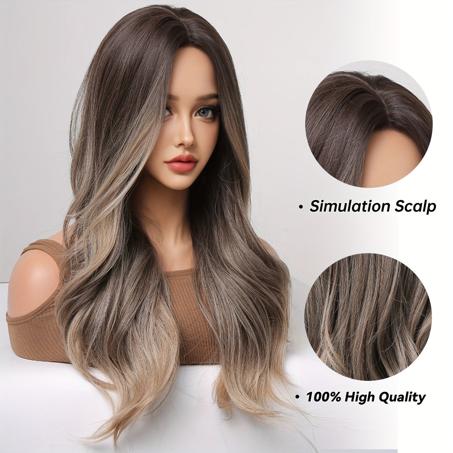 Long Brown Wavy Wig For Women, Natural Look Ombre Curly Wigs Heat Resistant Synthetic Wig Middle Part Hair Wig For Daily Party