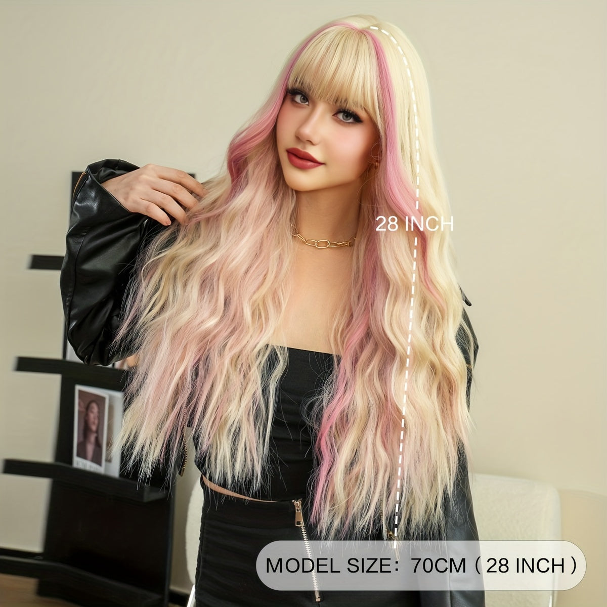 Wavy Ombre Pink to Blonde Synthetic Wig, Heat Resistant Viscose Fiber, Movie Themed Rose Net Cap, High Density Costume Party Hairpiece 27.56inch