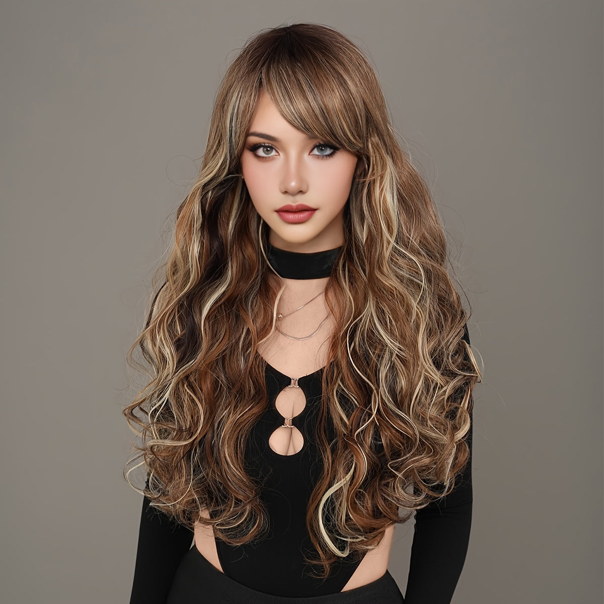 Elegant High-Density Body Wave Wig for Women - Heat Resistant Synthetic with Side Part & Bangs, Brown to Blonde Ombre, Perfect for Daily Wear & Special Occasions