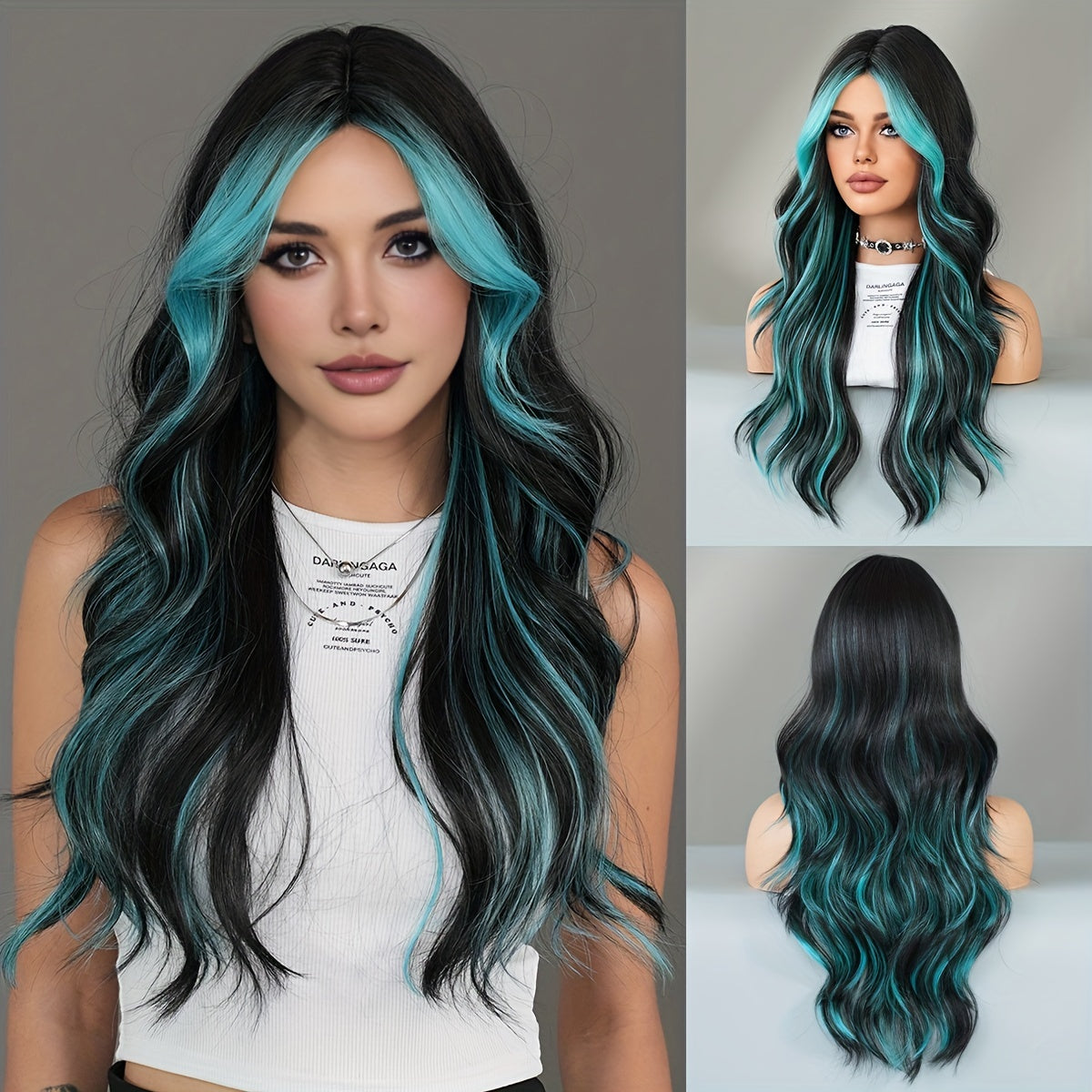 Sassy Theme Viscose Wavy Wig with Ombre Blue Highlights, Heat Resistant Synthetic Middle Part Wave Curl, High Density Rose Net Cap by NAMM, 25.59inch