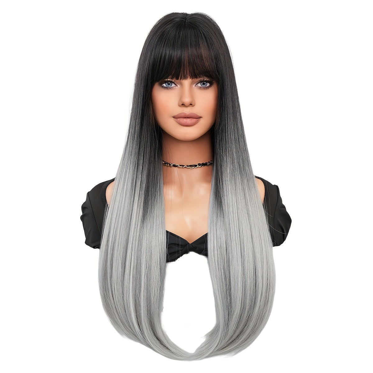 High Temperature Fiber Women'S Wig - Black to Grey Ombre, Long Straight Synthetic Hair, 150% Density, Rose Net Cap, Heat Resistant for Daily and Vacation Use, One Size Fits All, 27.56inch