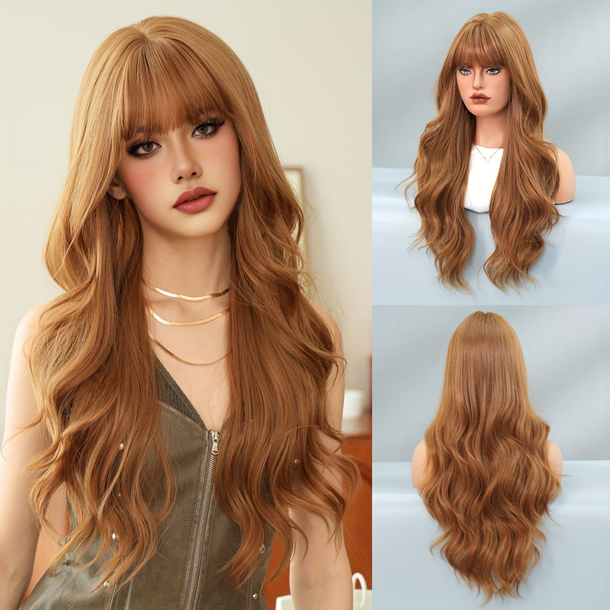 Luxurious Mocha Brown Body Wave Wig for Women - High-Density, Heat Resistant Synthetic Hair with Bangs, Natural Looking, Soft to Touch, Perfect for Daily Wear, Cosplay, and Special Occasions