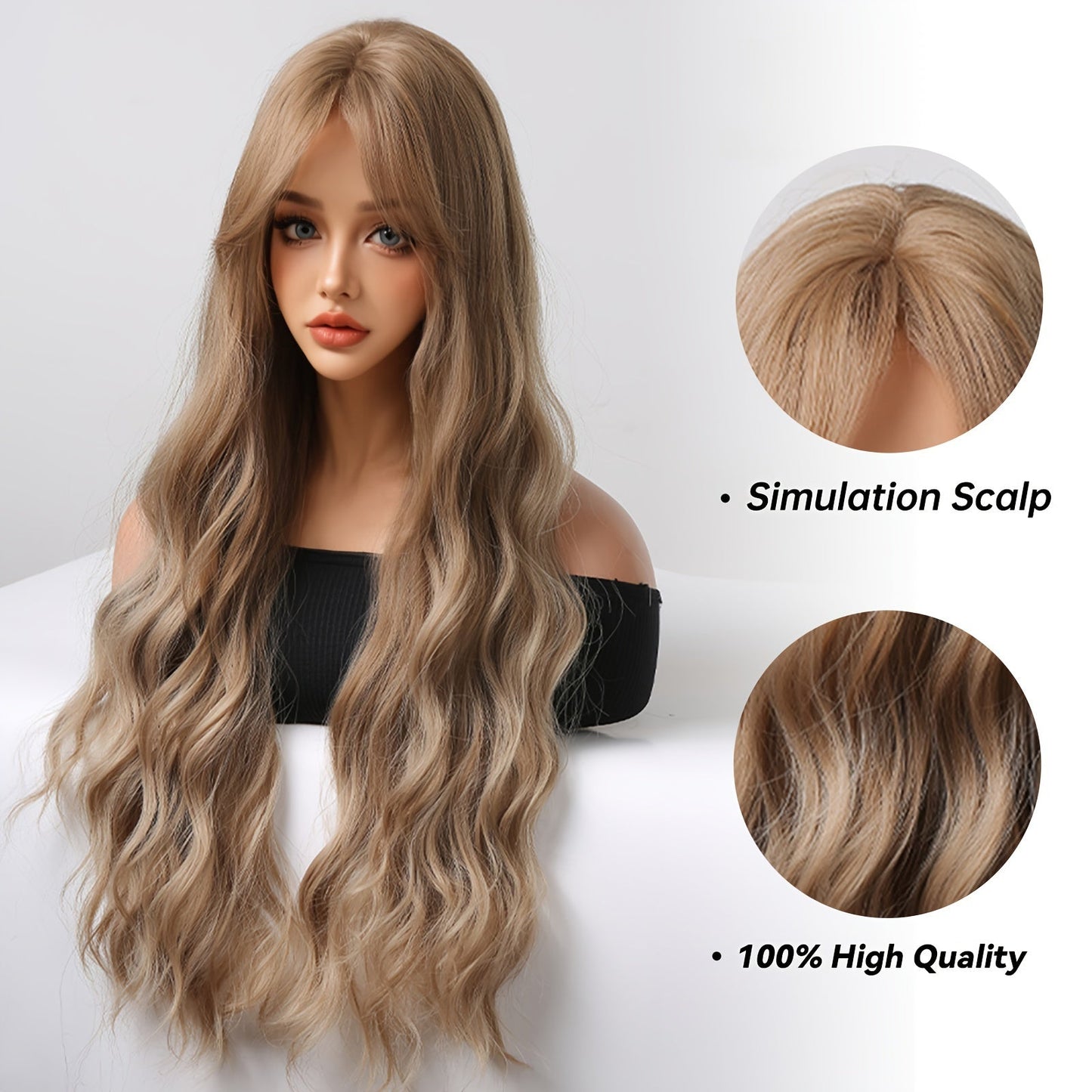 Women'S 30" Curly Wave Synthetic Wig with Bangs - High-Temperature Fiber, Basic Style, Rose Net Cap, 150% Density, Versatile for Daily, Work, Parties, Cosplay