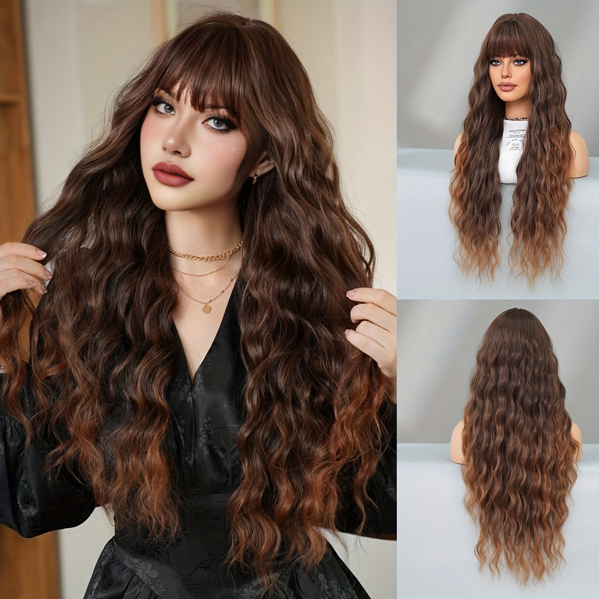 Elegant Ombre Brown to Blonde Long Water Wave Wig with Bangs for Women - High Density, Heat Resistant Synthetic Hair, Perfect for Daily Wear & Parties