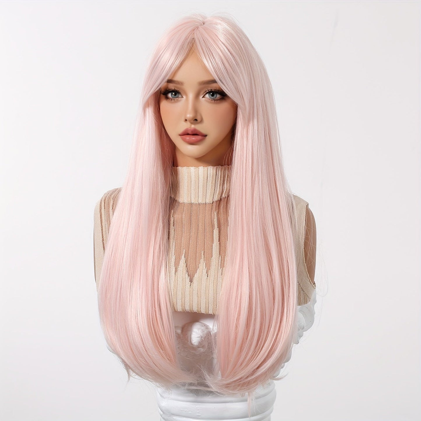 Chic 24" Light Pink Layered Wig with Bangs - Soft, Heat-Resistant Synthetic Hair for Women | Perfect for Daily Wear, Work, Parties, Halloween & More