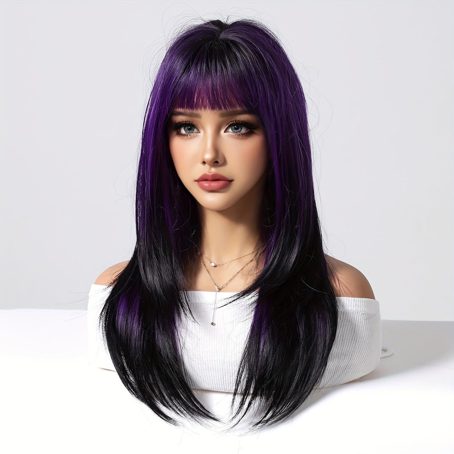 Women's Basic Long Straight Layered Wig with Bangs, High Temperature Fiber, 150% Density Rose Net Cap, Heat Resistant Synthetic Hair, Fashionable for Daily Use, Work, Parties, Halloween, Cosplay - 22 Inch Black to Purple Gradient