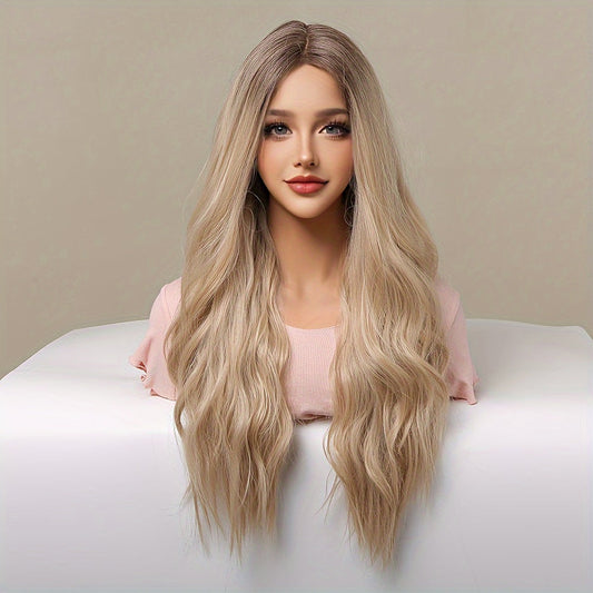 Women'S 26 Inch Curly Wave Lace Front Wig, 13*5*1 Lace Area, Golden Blonde with Black Roots, 150% Density, High-Temperature Fiber, Versatile for Daily, Work, Holidays, Festivals, Cosplay