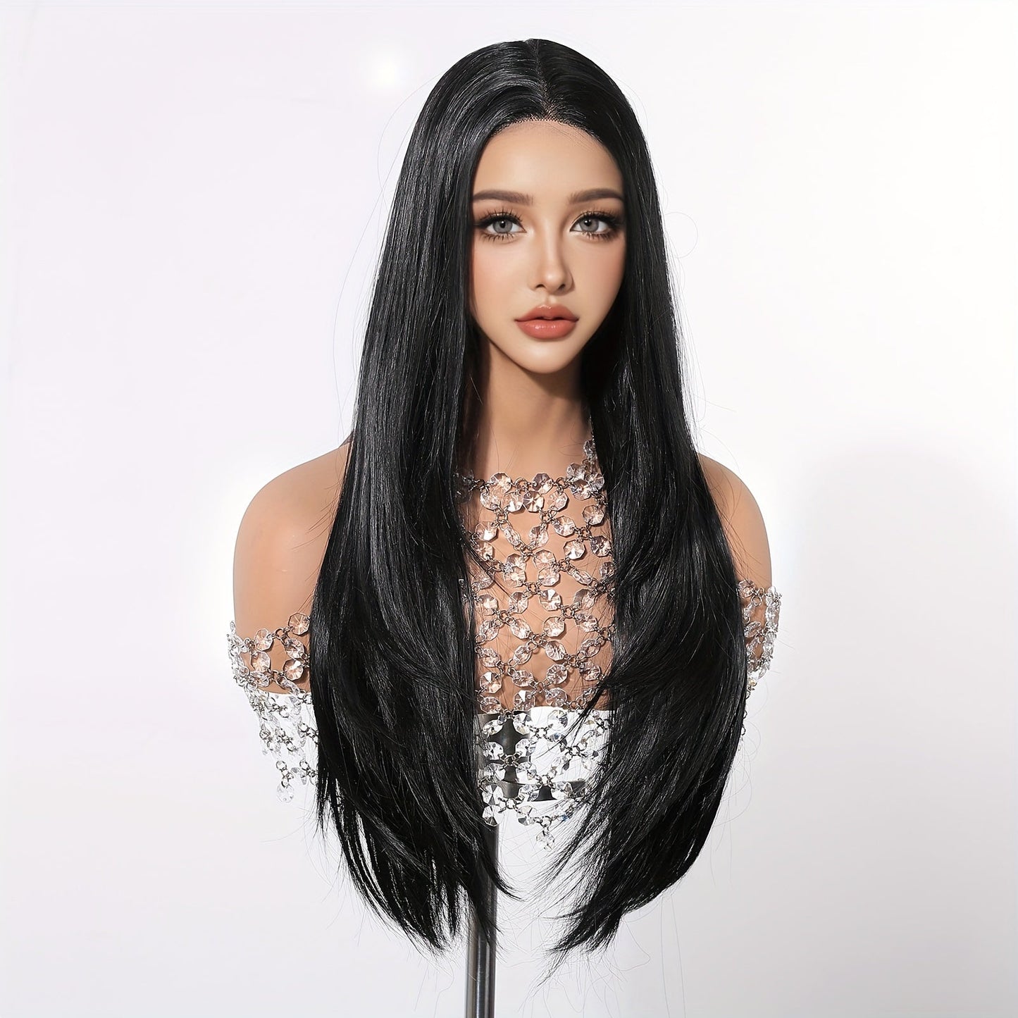 Women's Basic Style 26-Inch Black Lace Front Wig, Straight Layered Heat-Resistant Fiber, 150% Density, 13*5*1 Inch Lace, Versatile Synthetic Wig for Daily Wear, Parties, Cosplay Events