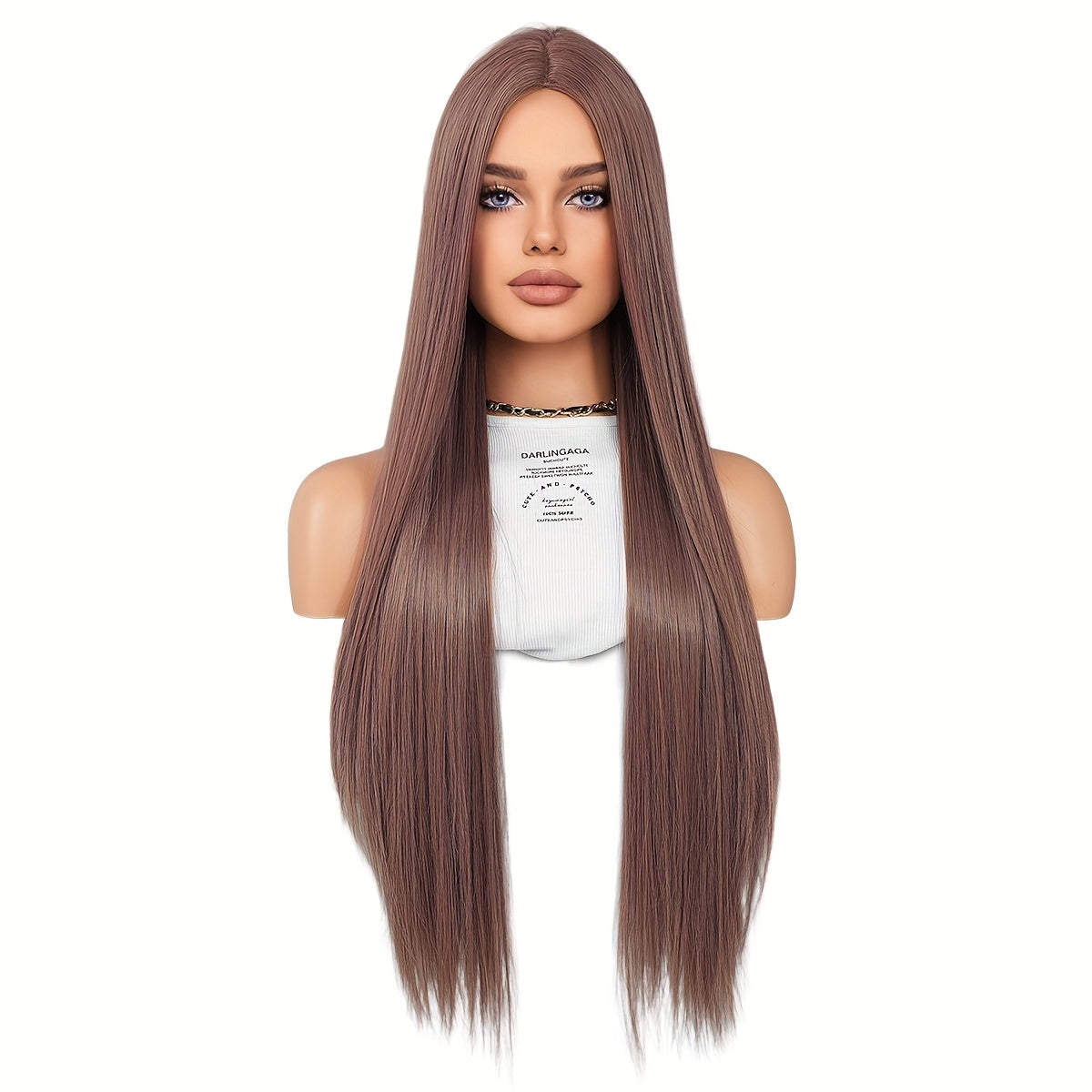 Women's Mocha Brown Synthetic Wig - High Temperature Fiber, Party-Style Straight Hair, Rose Net Cap, High Density 150%, Long 31.5inch, Heat Resistant, Versatile Fit