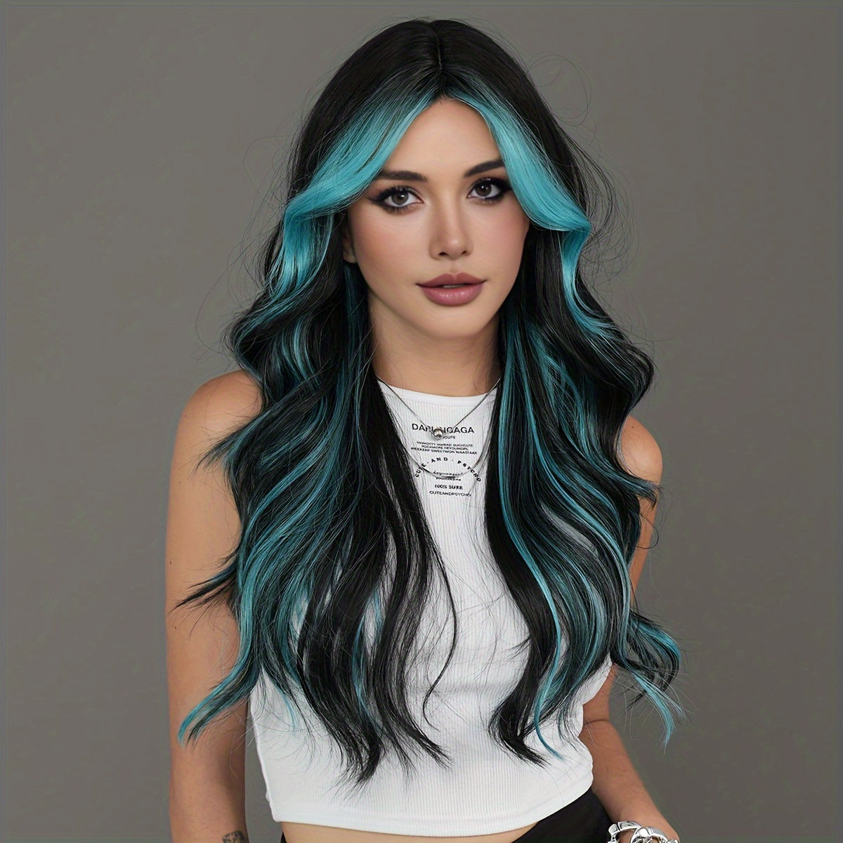 Sassy Theme Viscose Wavy Wig with Ombre Blue Highlights, Heat Resistant Synthetic Middle Part Wave Curl, High Density Rose Net Cap by NAMM, 25.59inch