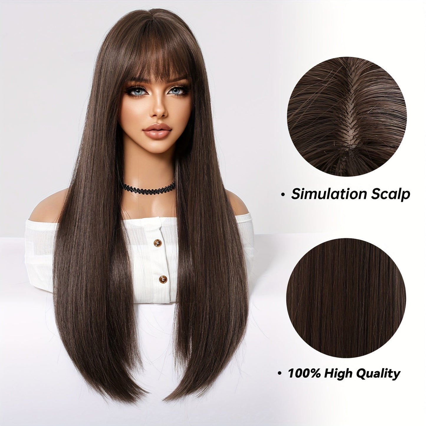 Elegant 24-Inch Brown & Black Straight Wig with Bangs for Women - High Density, Heat Resistant Synthetic Hair for Daily Wear, Parties, Cosplay