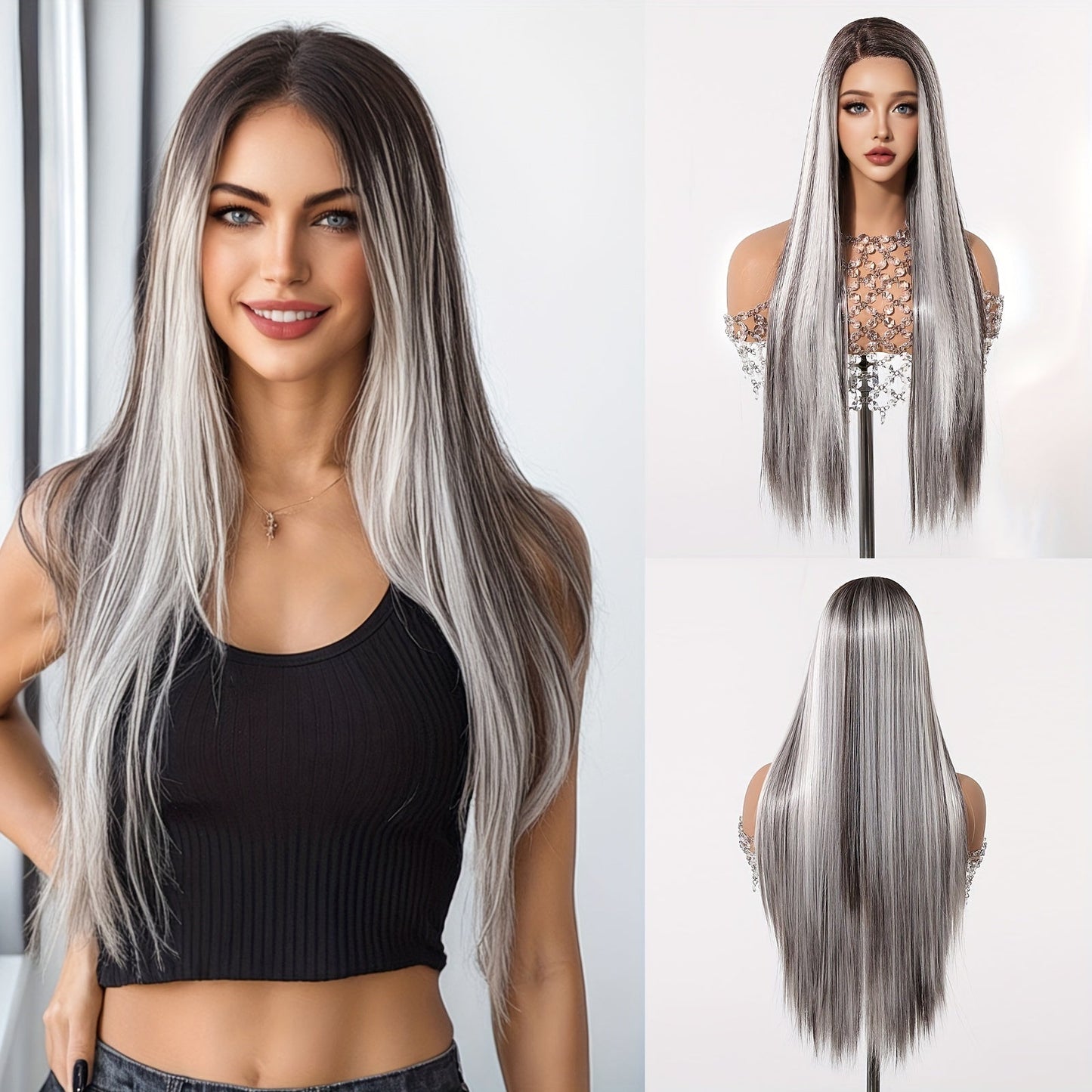 Chic 28" White & Grey Ombre Lace Front Wig - Soft Synthetic, Straight Hair for Women | Perfect for Daily Wear, Work, Parties, Halloween, Christmas & Cosplay