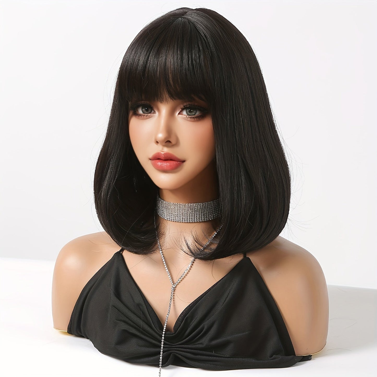 Women'S Bob Style Wig with Bangs - 16 inch, 100% High-Temperature Fiber, Straight Hair, 150% Density, Basic Style, Rose Net Cap, Versatile for Daily Wear, Work, Parties, Halloween, Christmas, Music Festivals